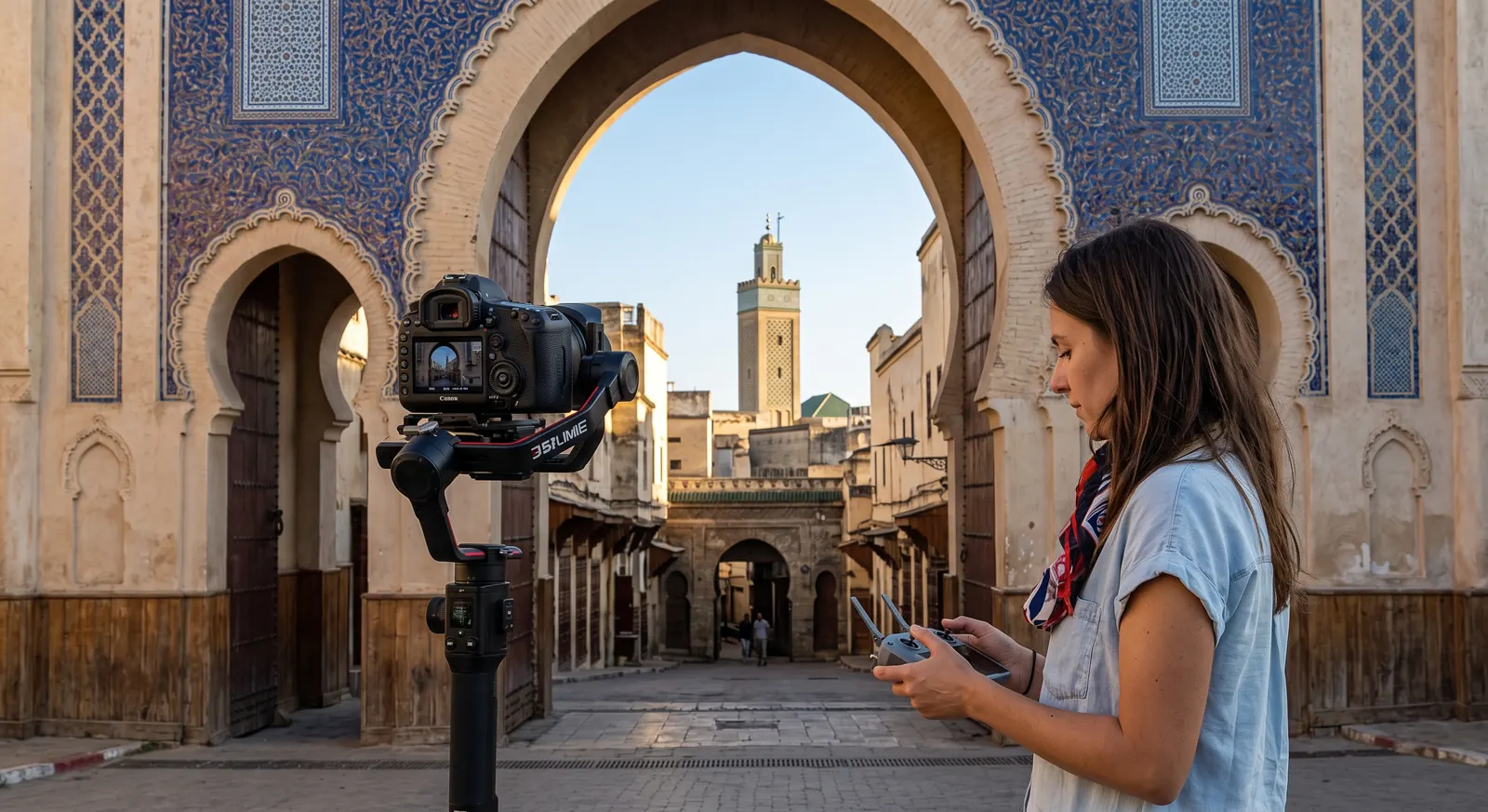 Content creator filming in front of a historic Marrakech Medina gateway
