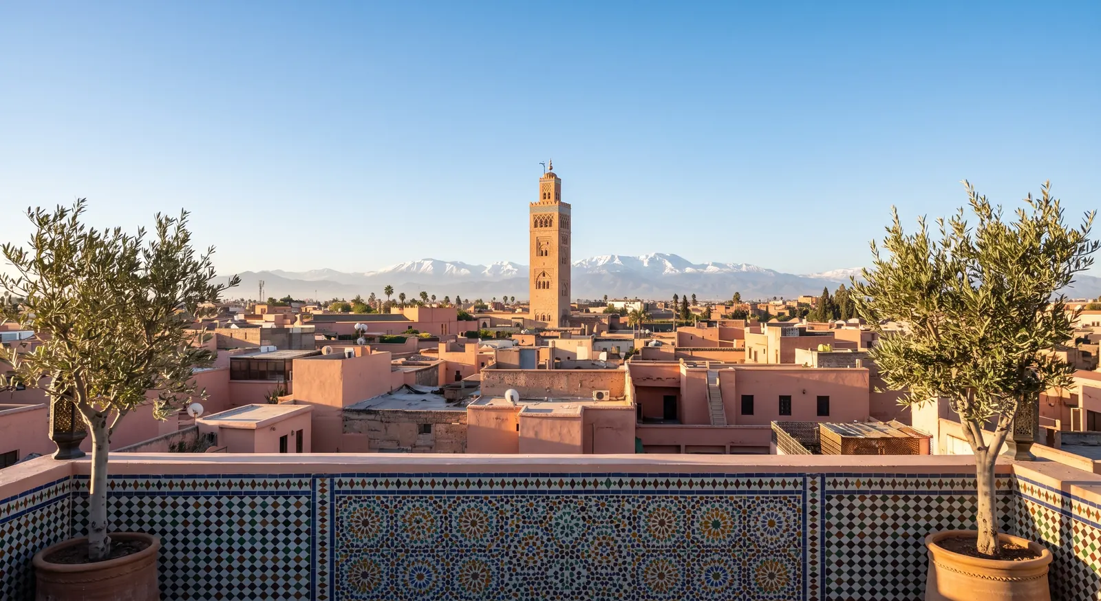Marrakech Medina skyline with the Koutoubia Mosque seen from a rooftop