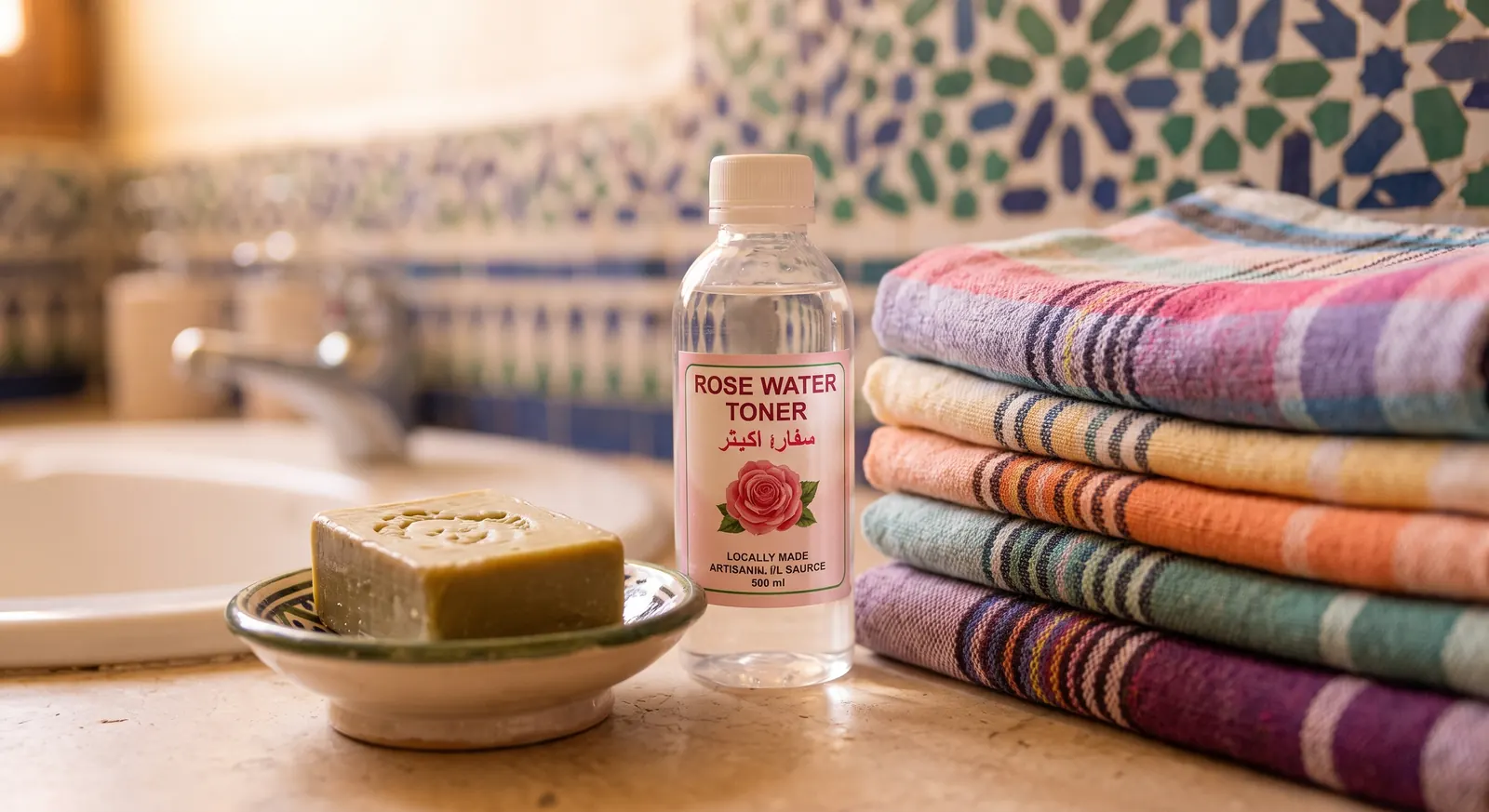 Moroccan riad toiletries with handmade soap, rose water and woven towels