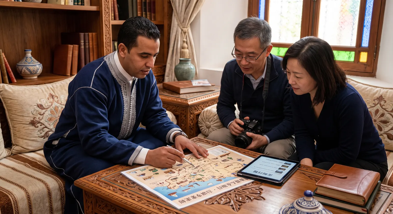 Local Moroccan travel expert planning a private itinerary with guests