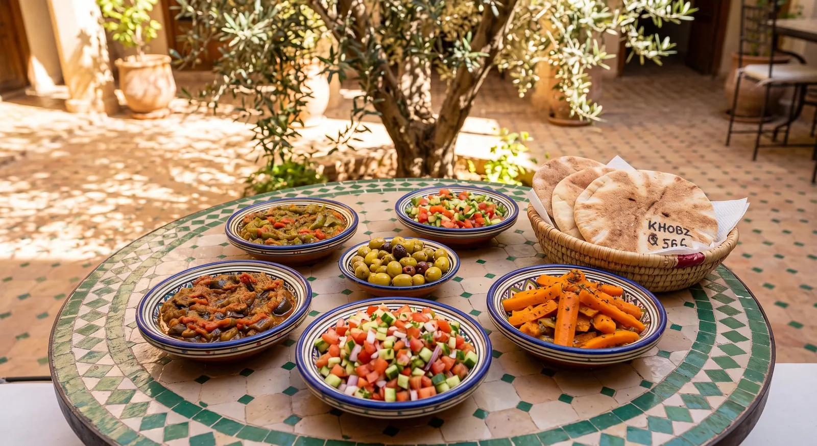 Moroccan salads, vegetables and olives served in a Marrakech riad