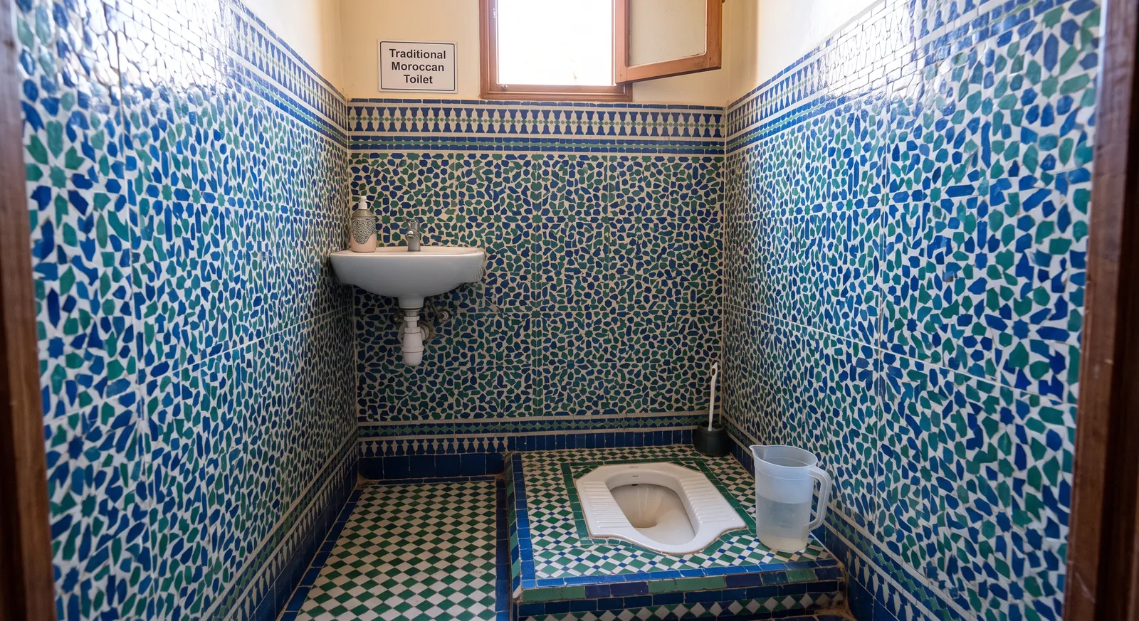 Traditional bathroom in Morocco with a squat toilet and blue zellige tiles