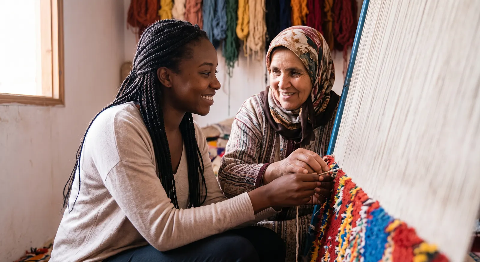 Black traveler visiting a Moroccan artisan in Marrakech