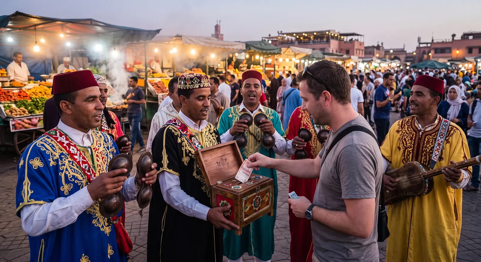 Traveler interacting respectfully with local performers in Marrakech Medina