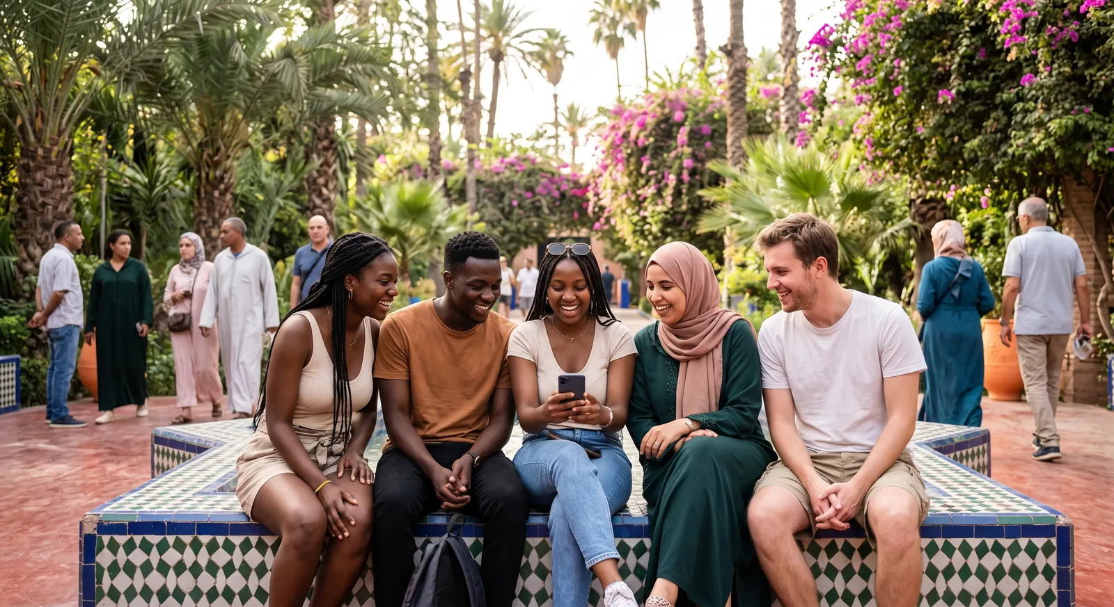 Diverse travelers enjoying a Moroccan riad courtyard