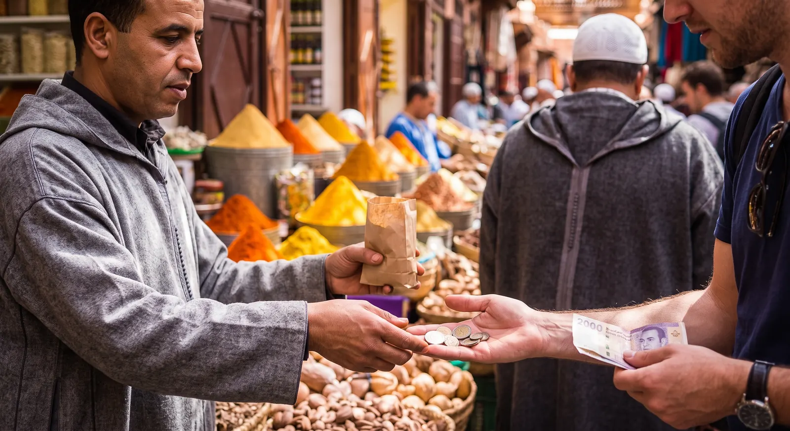 Paying with Moroccan dirhams in a Marrakech market