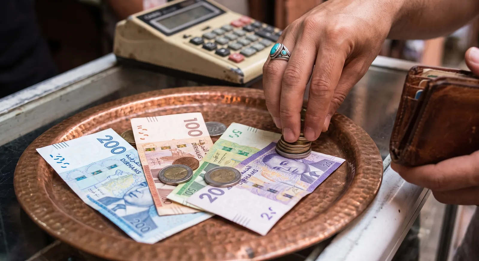 Moroccan dirham banknotes and coins beside a payment calculator
