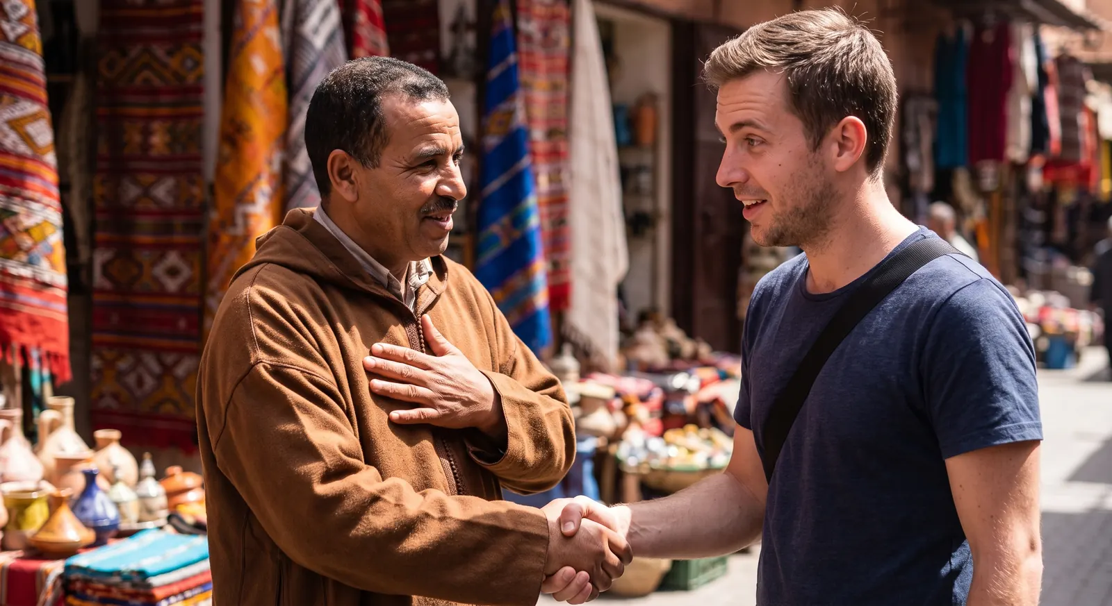 Moroccan host greeting a traveler respectfully in a Marrakech souk