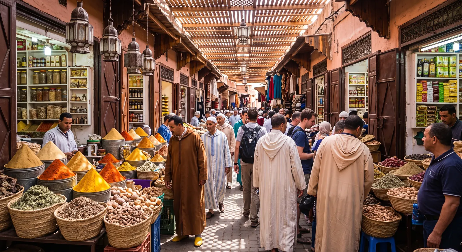Covered Marrakech souk with Moroccan spices and local shoppers
